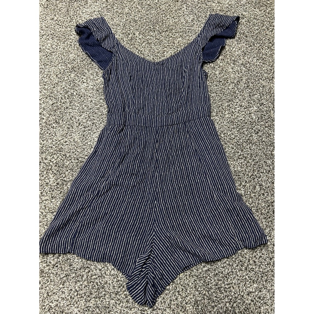 A7 American Eagle Outfitters Navy Striped Ruffle Sleeve Smocked Back Romper XS